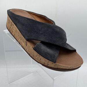 FitFlop Kys Slide Sandals Blue Suede Leather Women 6 Cross Strap Cork Footbed
